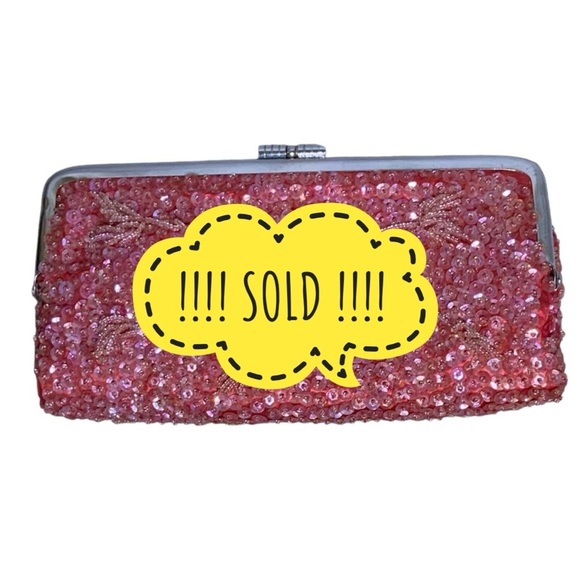 SOLD Vintage Beaded Clutch Evening Bag 1960 Sequins  Kiss Clasp Strawberry Red - Picture 1 of 16